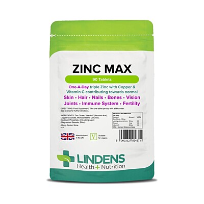 LINDENS Health + Nutrition Zinok Max (+Meď & Vitamín C), 90 tabliet