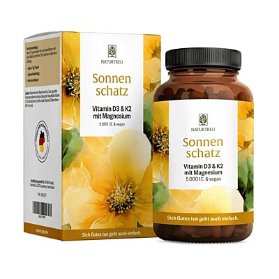 Naturtreu Slnečný poklad – vegánsky vitamín D3 5 000 IU s K2 a horčíkom (jedna dávka každých 5 dní), 90 kapsúl